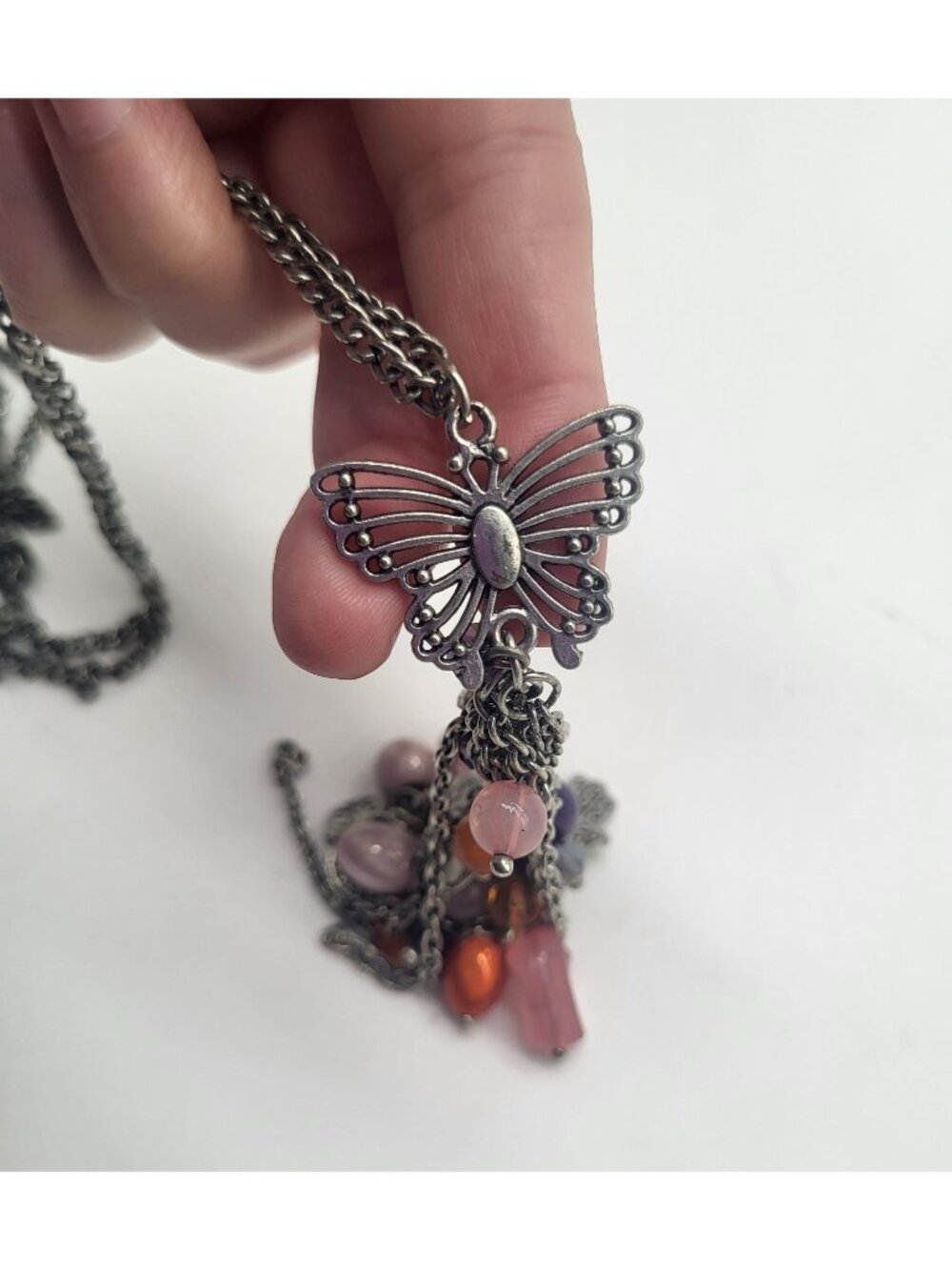 Fairy Whimsical Boho Silver Tone Dangle Charm Necklace Butterfly Hamsa Peace - Picture 4 of 8